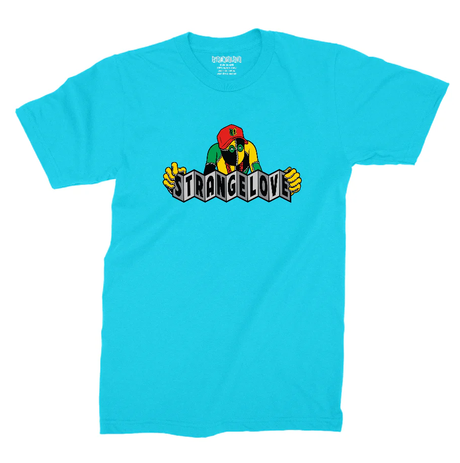 STRANGE LOVE RAG DOLL LOGO RASTA TEE LAGOON BLUE