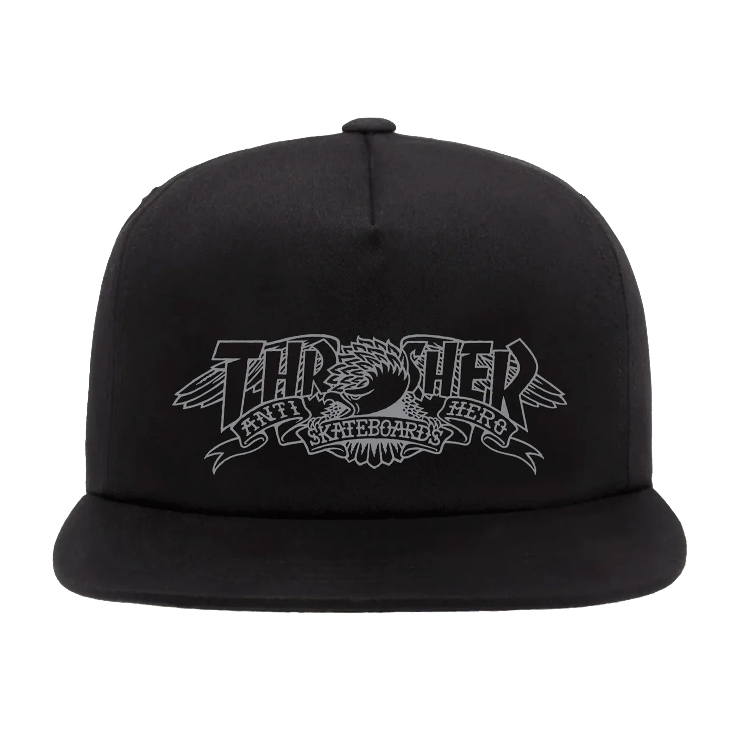 THRASHER x ANTI HERO MAG BANNER SNAPBACK HAT BLACK