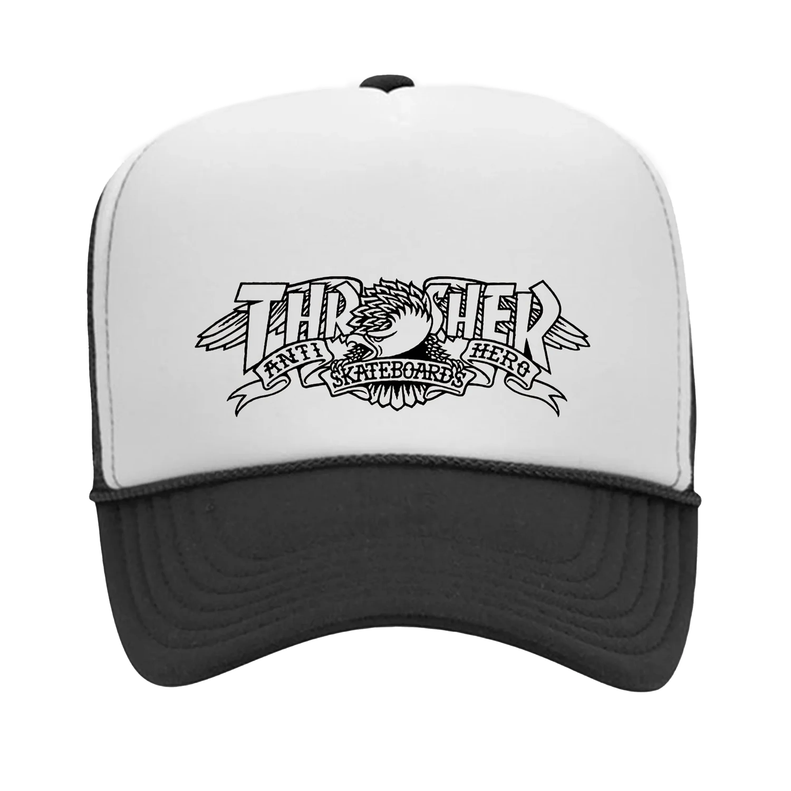 THRASHER x ANTI HERO MAG BANNER TRUCKER HAT BLACK / WHITE