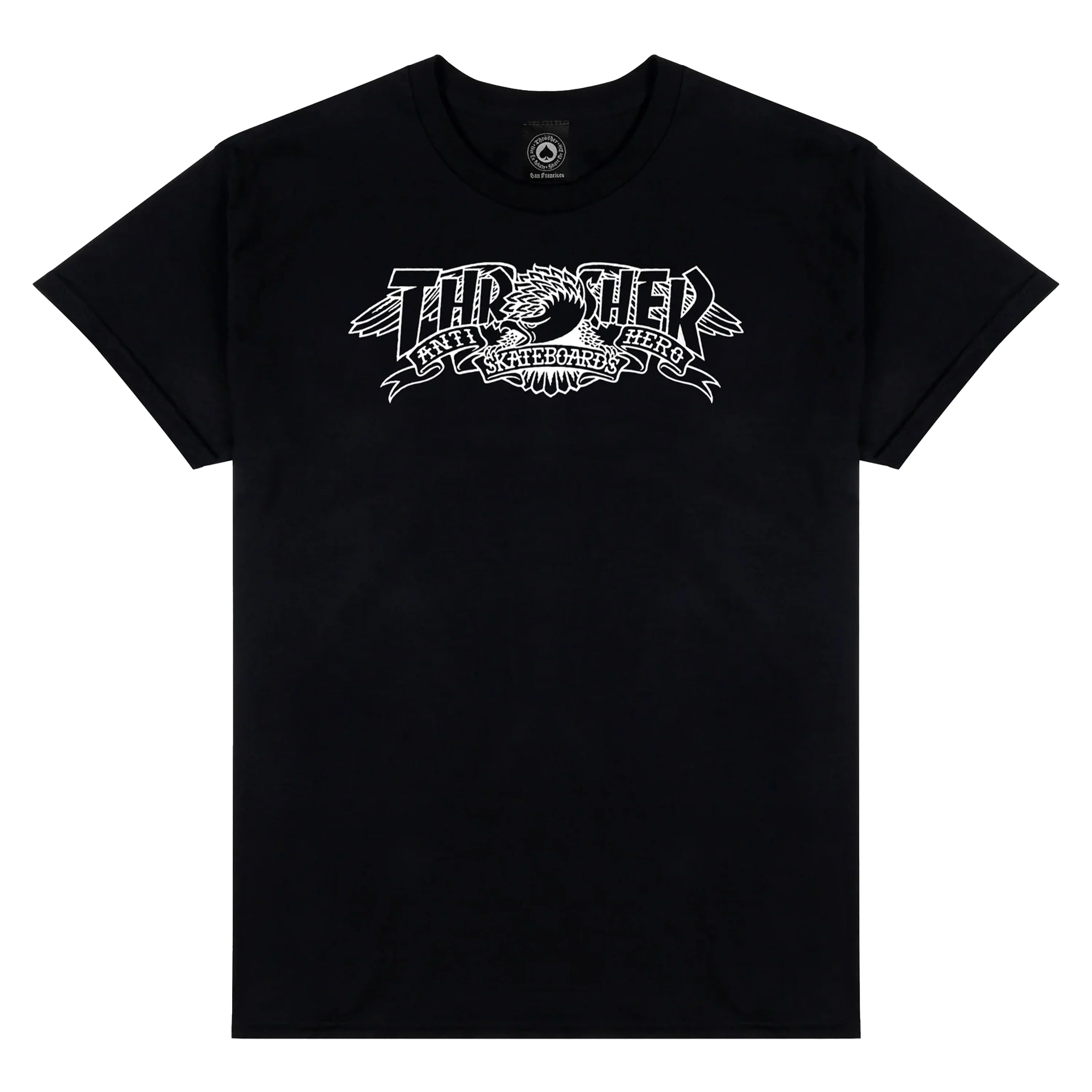 THRASHER X ANTI HERO MAG BANNER TEE BLACK