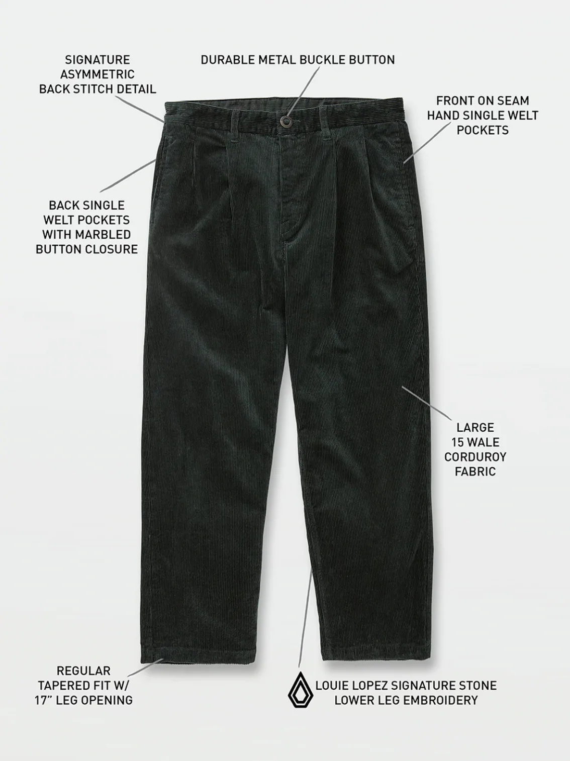 VOLCOM LOPEZ TAPERED CORDUROY PANTS CEDAR GREEN - Image 3